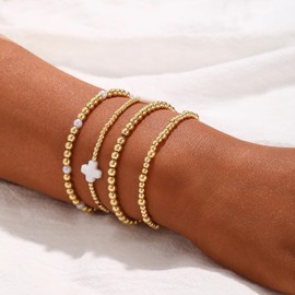 Cuzmly Gold Bracelets for Women, Waterproof 14K Gold Plated Stackable Bracelets for Women Non Tarnish Trendy Dainty Beaded Cross Chain Bracelet Pack Stack Adjustable Jewelry for Women