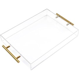 11"x14" Clear Acrylic Serving Tray with Golden Handles, Sturdy Huge Capacity Acrylic Tray for Coffee, Juice, Kitchen and Desk Organizer, Storage Tray (11"x14")