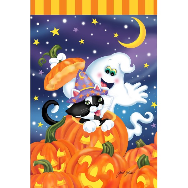Toland Home Garden Witch Kitty 12.5 x 18 Inch Decorative Colorful Halloween Jack-o-Lantern Pumpkin Ghost Cat Garden Flag