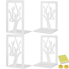 Qualsen 4 Pieces Book Ends, Tree and Cat Bookends, Book Ends for Shelves, Duty Metal Bookend, Book Stopper for Home Office Desk, Back to School Supplies (White)
