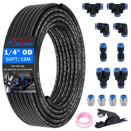 Taiidaues 1/4" Air Line Tubing Kit,1/4" OD DOT Air Line 50 FT(15 m) SAE j844 PA Nylon Air Hose Tube and Push to Connect Fitting for Air Brake System Or Fluid Transfer,15 Pcs Compressed Accessories Kit