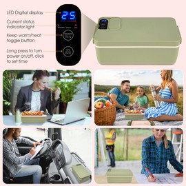 Suteng Cordless Electric Lunch Box, Cordless Food Warmer, Battery Powered Heated Lunch Box, 1L 304 Stainless Steel Container, Warming Time Selectable, HD Display (Green)