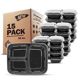 Freshware Contenedor de alimentos de 3 compartimientos - paquete de 15 - Reusable