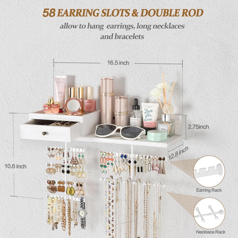 VINAEMO Jewelry Organizer Hanging Wall Mounted Jewelry Holder with Rustic