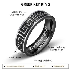 SYDNFZY Mens Wedding Band Ring - Fashion Durable Stainless Steel Engagement Promise Rings for Men Women, 6mm Greek Key Ring for Men Couple Jewelry Gift Ring Size 6 7 8 9 10 11 (Greek key-black, 7)