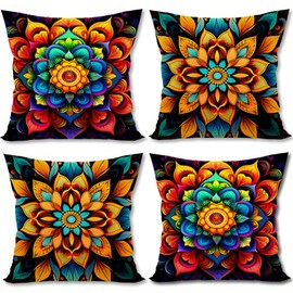 Rvsticty Linen Mexican Dahlia Pillow Covers 18x18 Set of 4 Cinco De Mayo Day of The Dead Dia De Los Muertos Mexican Fiesta Themed Party Decorations and Supplies for Home Sofa Couch