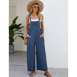 COZYPOIN Women's Cotton Bib Overalls Wide Leg Loose Fit Jumpsuit Baggy Fashion Sleeveless Rompers(Blue-XXL)