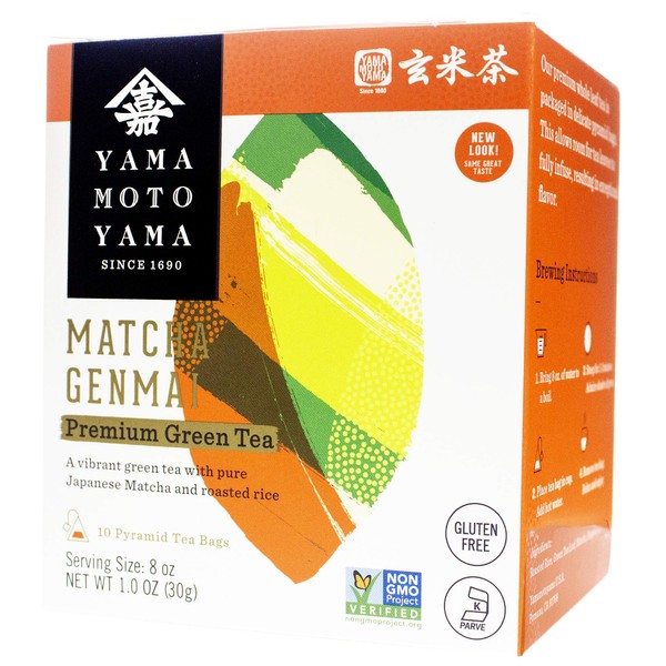 Yamamotoyama Matcha Genmai Pyramid Green Tea Bag, 10 ct. Box (Pack of 6), Green Tea with Roasted Rice