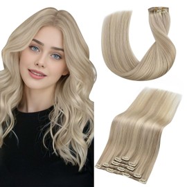 Vivien Clip in Hair Extensions Real Human HairBlonde Clip in Human Hair Extensions Highlighted Dark Ash Blonde Mix Golden Blonde Human Hair Extensions Clip in Full Head 5Pcs 16 Inch 70 Grams #16/22