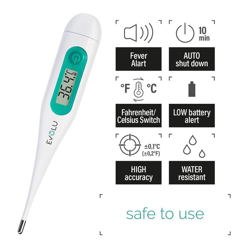 Evolu Waterproof Digital Thermometer - Temperature Measurement in Mouth, Rectal