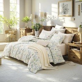 Cozaline Duvet Cover Queen Size 100% Cotton Comforter Cover Green Floral Breathable Duvet Cover with Zipper Closure & Corner Ties 3 Pcs Green Fragrant Grass Duvet Cover Set