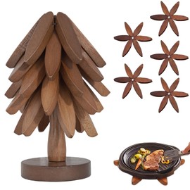 MoMoxi Wooden Trivets 5 Wooden Trivets+1 Stand Tree Shape Trivet Set Foldable Kitchen Wooden Trivet for Teapot Kitchen Counter Pot,Bowl,Teapot,Hot Pot Holders