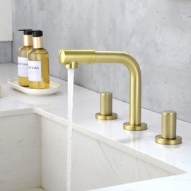SHAMANDA 8 Inch Widespread Faucet with 360 Degree Swivel Nozzle and Spout, Modern 2 Unique Knob Handles Bathroom Sink Faucet 3 Hole Brushed Gold, Valve and cUPC Water Supply Hoses Included, LB801-3