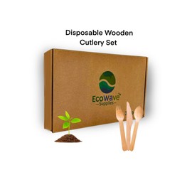 100% Compostable Cutlery Set - 300 Pieces Wooden Compostable Utensils [120 Forks, 90 Knives, 90 Spoons] - Disposable Wooden Cutlery.