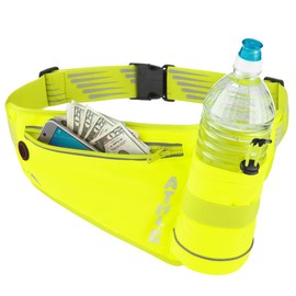 Athle Running Fanny Pack with Water Bottle Holder - Adjustable Running Belt With Water Bottle Holder and Pouch - One Size Fits All - 360° Reflective - Travel Fanny Pack - Fits phones - HighViz Yellow
