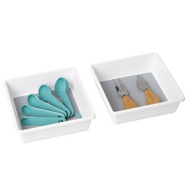 Smart Design Plastic Drawer Organizer - Set of 2-6.75 x 6.75 Inch - Non-Slip Lining and Feet - BPA Free – Utensils, Flatware, Office, Personal Care, or Makeup Storage - White and Gray