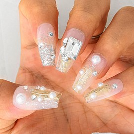 Sethexy Gold Rhinestone Handmade Fake Nail Long Coffin False Nails with Design Arcylic Crystal Pearl Glitter Press on Nail for Women and Girls 10PCS(C)