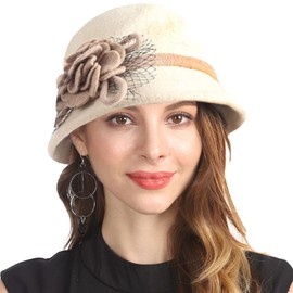 FORBUSITE Women Winter Hat - Vintage Wool Cloche Dress Bucket Hat 1950s 20s Cream