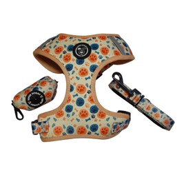 SUPER DOGGY Anti-Pull Dog Harness Set with Lead and Bag Dispenser, Breathable Harness for Small and Medium Dogs, Safe Dog Harness (Bones & Footprints, XS (2.5-3.5 kg))