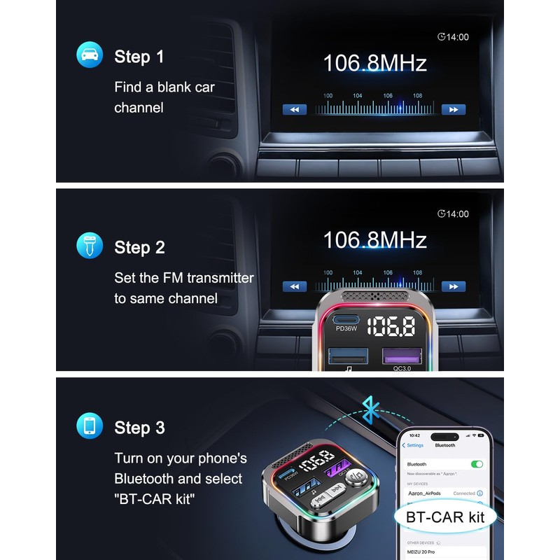 ORIA 66W Bluetooth 5.3 FM Transmitter, PD 36W+QC3.0 18W Car