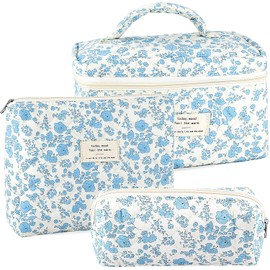 URSKYTOUS URSKYTOUS 3Pcs Cotton Quilted Makeup Bag for Women Extra Large Small Travel Cosmetic Bag Set Cute Blue Floral Print Makeup Pouch Portable Toiletry Bag Organizer Coquette Vintage Puffy Travel Essential