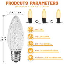 Neanete C9 Christmas Light Bulbs Warm White 2100K LED 1W Replacement 7W Edison Bulb E17 Base 120V Shatterproof for Outdoor Indoor Pack of 25
