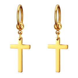JewelryWe Cross Earrings,Glossy Stainless Steel Dangle Earrings Hoop Ear Rings for Men Women(Gold)