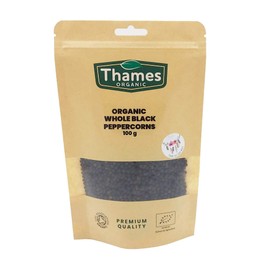 Organic Whole Black Peppercorns-Certified Organic, Non-GMO, Vegan, No Additives, No Preservatives, Resealable Bag by Thames Organic 100g