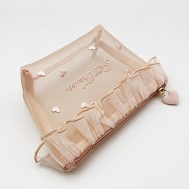 Petit Trouver Elegant Mesh Makeup Bag with Delicate Heart Embroidery and Lace Detail, Charming Handheld Cosmetic Pouch, Perfect for Tissues, Lip Sticks and Makeup Touch-Ups, Adorable Accessory Organizer - Color: Neutral Beige
