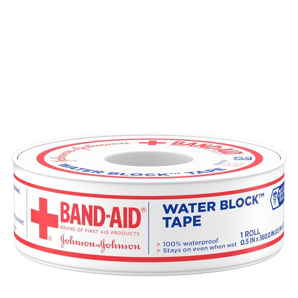 Band-Aid Brand First Aid Water Block 100% Waterproof Self-Adhesive Tape Roll for Durable Wound Care to Firmly Secure Bandages, 1/2 In by 10 yd