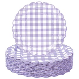 HEIPINIUYE 50 Pieces Light Purple Checkered Paper Plates 7 Inch Lavender Gingham Scalloped Plates Disposable Dinner Plate for Wedding Baby Shower Birthday Party Dessert Plate