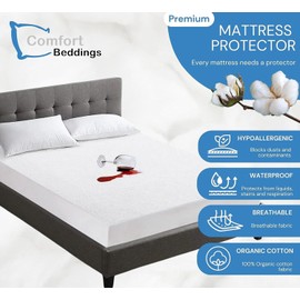 100% Organic Cotton Mattress Protector Single Large 90x200 Size Mattress Cover 250GSM, Waterproof Mattress Protector, Noiseless & Vinyl Free Mattress Cover Fits upto 40cm Mattress (White)