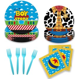 Party Inspo Cartoon Toy Baby Shower Supplies Tableware Set, Baby Shower Decorations Boy, Blue Toy Theme Inspired Story It's A Boy Story Decorations, Plates, Napkins, Forks, Serves 24 Guests