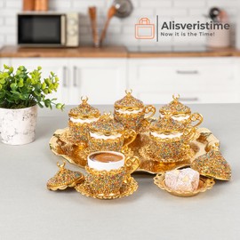 Alisveristime 27 Pc Ottoman Turkish Greek Arabic Coffee Espresso Serving Cup Saucer Crystal Set (Gelincik) - Handcrafted Traditional Set with Hilal Motifs (Mix)