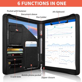 NEWYES NY-A403-BL-EU Leather Conference Folder Zipper A4 Travel Document Folder Portfolio Travel Bag Personal Agenda Organizer 33.5cm x 25cm x 3.5cm Black White