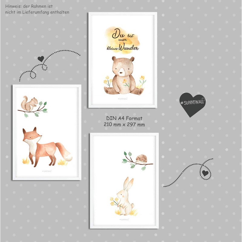 Sunnywall® Set of 3 Posters Woodland Forest Animals Wonders Children's