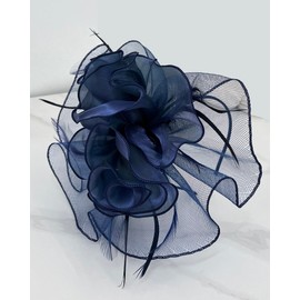 Women Fascinators Hat Navy Organza Flower Feather Fascinators Wedding Fascinators Tea Party Hat Flapper Pillbox Fascinator Hat Derby Ascot Hat with Headband Hairclips Headdress Headpieces