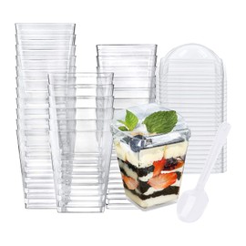 Sohapy 100 Pack 5 oz Parfait Cups with Lids and Spoons Tall Square Food Grade Clear Plastic Dessert Tumbler Cups for Tiramisu,Cakes,Ice cream,Parfait, Dip, Sundaes,and Cookies (100 with Lids)