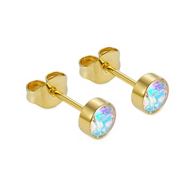 1 Pair Implant Grade Titanium Stud Earrings Set Hypoallergenic 3mm 4mm 5mm 6mm Cubic Zirconia G23 Titanium Earring Studs for Women Men for Sensitive Ear (5mm bezel gold AB)