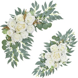 Finphoon Wedding Arch Faux Flowers Set of 2, Wedding Welcome Signs Greenery Garland Decoration for Ceremony, Reception, Backdrop (White)