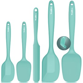 Walfos Silicone Spatula - 600°F High Heat Resistant Kitchen Spoon Spatulas（set of 5), Strong Steel Core and One-Pieces Design, For Cooking Mixing & Baking - BPA Free and Dishwasher Safe (Teal/Aqua)