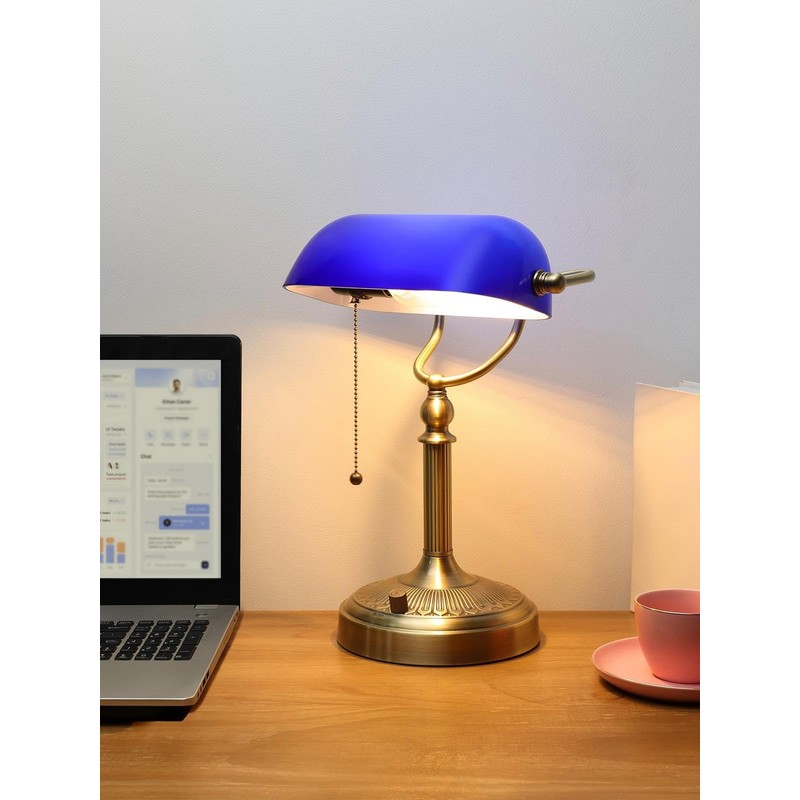 Newrays Blue Glass Bankers Desk Lamp, Stepless Dimmable Table Lamp