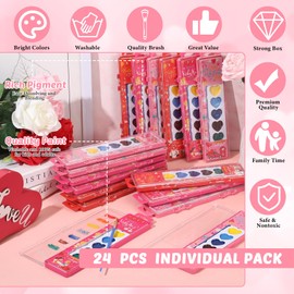 Watersay 24 Packs Valentines Heart Watercolor Paint Set for Kids 8 Washable Colors with Brushes Water Color Painting Kit for Preschool Classroom Party Favor Valentines Gifts Painting Kit