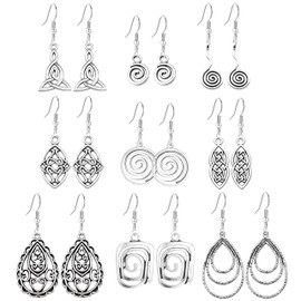 9 Paris Boho Celtic Knot Earrings for Women Trendy Vintage Spiral Silver Dangle Earrings Bohemia Knot Silver Teardrop Earring (B Sets)