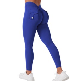VOYJOY Leggings with Pockets for Women V Back Butt Lifting Workout Legging Gym High Waist Yoga Pants Elastic Tights Royal Blue M