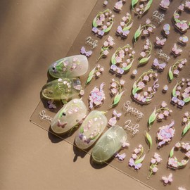 LIFOOST Nail Art Stickers 5D Embossed Pink Flowers Stickers Crystal Diamond Spring Nail Decals for Women Girls Manicure DIY Nail Supplies