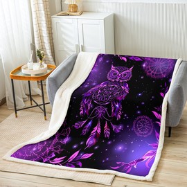 Dreamcatcher Sherpa Blanket Boho Dream Catcher Owl Fleece Throw Blanket Bohemian Exotic Mandala Plush Blanket for Sofa Bed Couch Room Decor Chic Purple Galaxy Fuzzy Blanket Twin 60"x80"