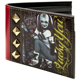 The Dark Knight Harley Quinn Daddy's Lil Monster Lucky You Studded Wallet Bi-Fold ID & Card Holder, Multicolor