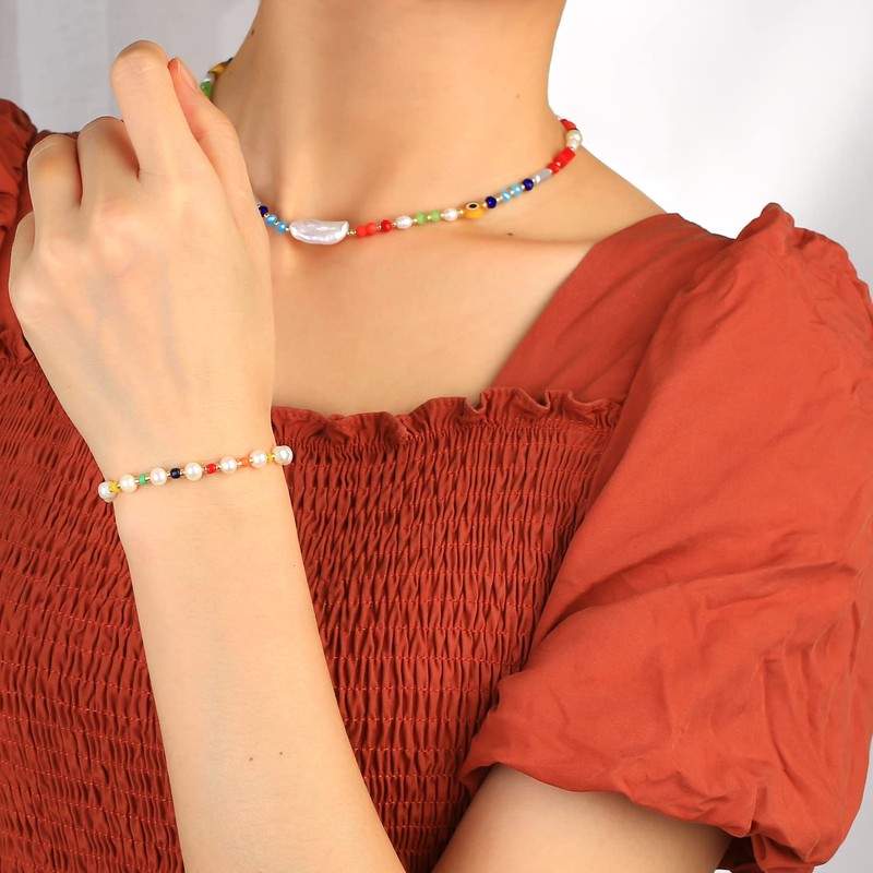 KELITCH Boho Pearls Necklaces Rainbow Choker Necklaces Women Miyuki Beaded