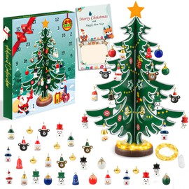 FFZZKJ Advent Calendar 2024 Kids with Lights 24 Days Countdown Wooden Christmas Tree with 28 Ornaments for Christmas Table Decoration, Christmas Decorations
